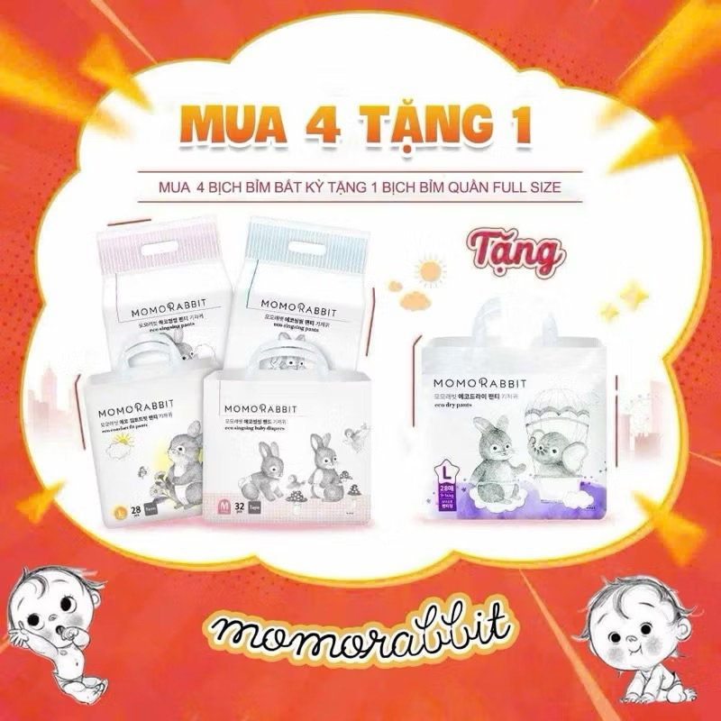 [.MUA 4 TẶNG 1 BỊCH] Combo 1 thùng 4b Bỉm Quần/Dán Momo Rabbit Nội Địa Hàn Quốc