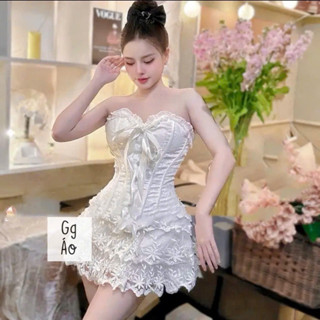 Áo quây corset nơ ngực viền bèo áo jean cúp ngực siêu xinh