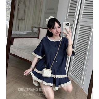 BIGSIZE HIẾU HIẾU (55-95KG) - Set bộ jeans babydoll viền ren Áo cổ tròn tay ngắn + Chân váy dáng ngắn S511