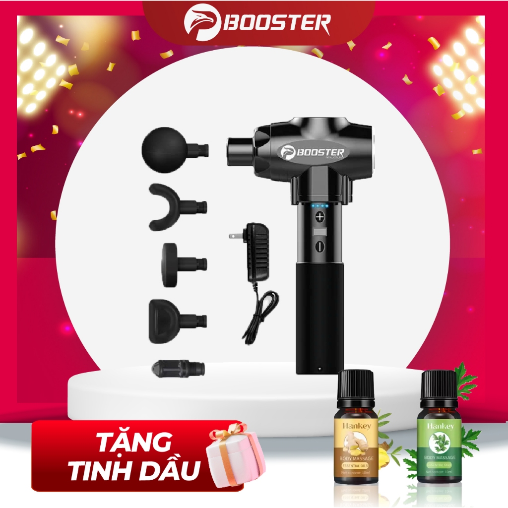 Súng Massage Cầm Tay Booster E - 9 Mức Độ, 6 Đầu Massage, Kích Thước 18.5x20x6cm, Màu Bạc, Xám, Xanh Dương