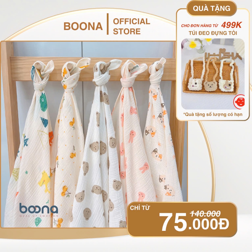 Khăn tắm cho bé Boona vải xô muslin cao cấp 2 lớp kích thước 90x90cm làm khăn tắm, khăn quấn ủ...