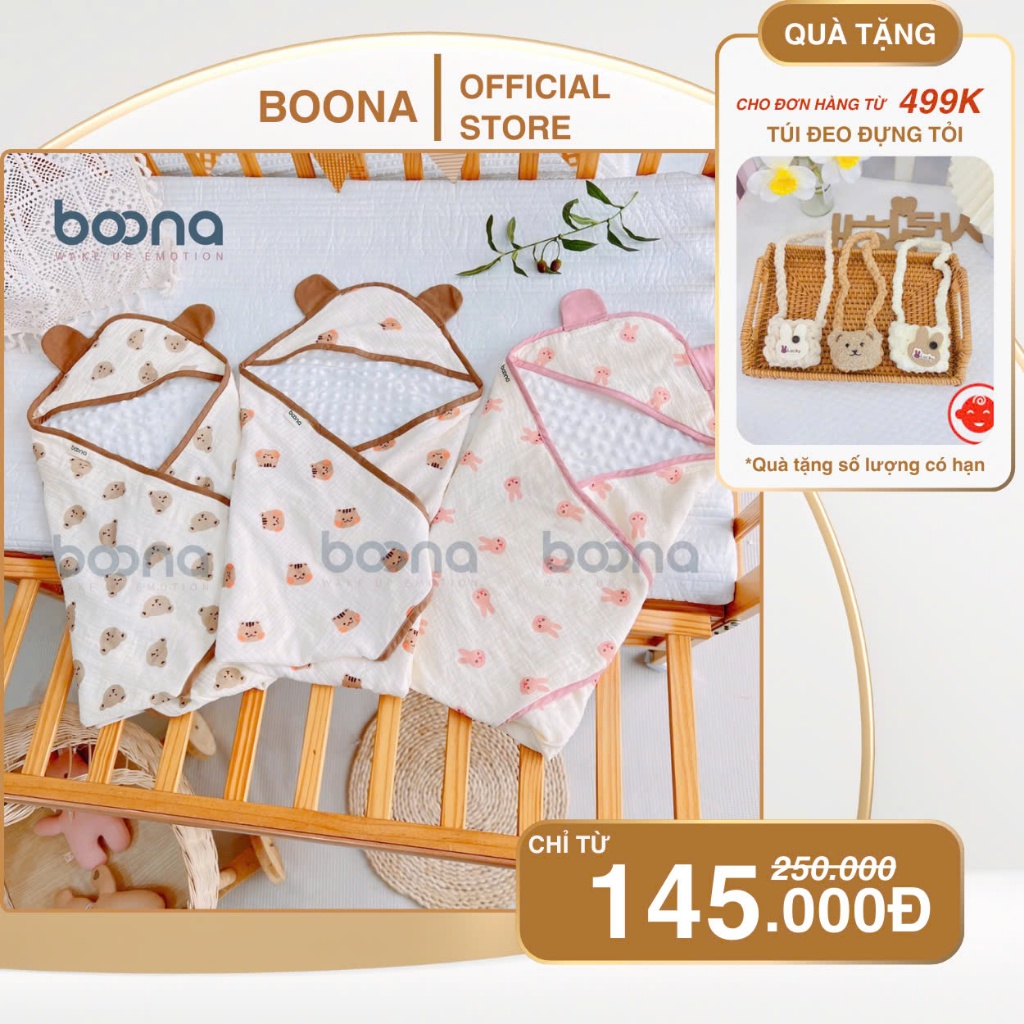 Khăn quấn ủ sơ sinh Boona lót lông hạt đậu kết hợp vải muslin làm chăn, ủ, choàng, ủm giữ ấm cho bé