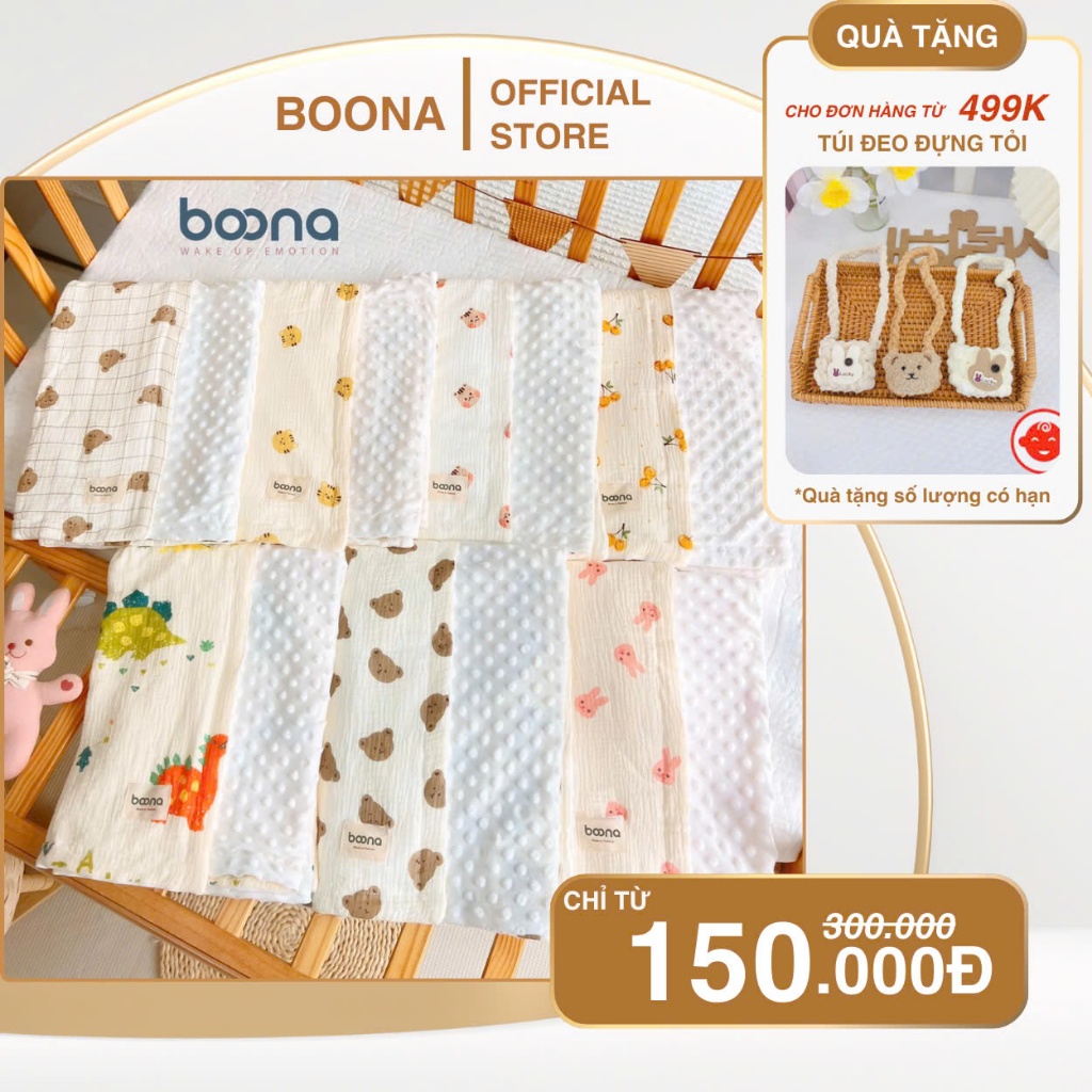 ( Tặng gối) Chăn đắp cho bé Boona vải muslin cao cấp kết hợp nhung bi hạt đậu, mềm mại, ấm áp