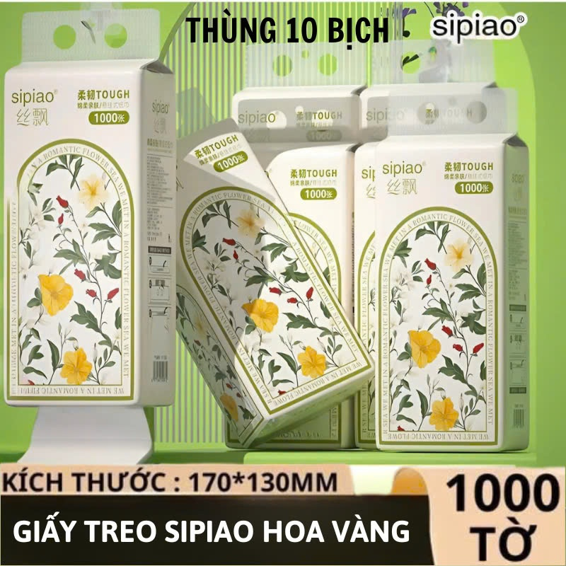 Thùng 10 Bịch Giấy Treo Đa Năng SIPIAO Hoa Vàng, Khăn Rút Treo Trường 4 Lớp mỗi bịch 1000 Tờ Loại 1, Tặng Kèm Móc Treo
