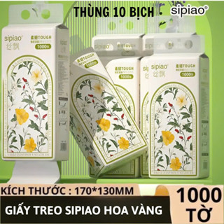 Thùng 10 Bịch Giấy Treo Đa Năng SIPIAO Hoa Vàng, Khăn Rút Treo Trường 4 Lớp mỗi bịch 1000 Tờ Loại 1, Tặng Kèm Móc Treo