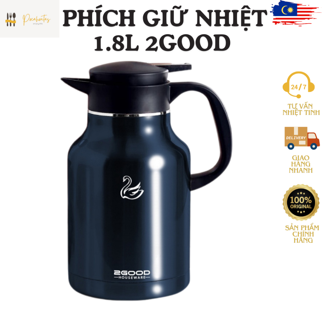 Bình nước giữ nhiệt dung tịch lớn 1.8 L 2GOOD chính hãng, bình giữ nhiệt 24h, bình ủ đồ ăn, bình trà