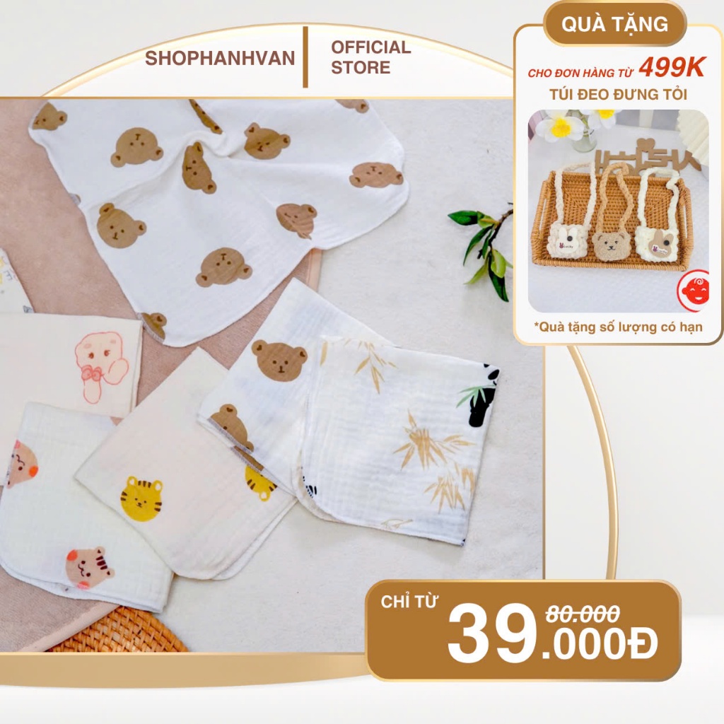 Set 10 khăn sữa muslin 2 lớp và 4 lớp cho bé siêu mềm mại đa năng làm khăn lau, yếm, khăn tắm