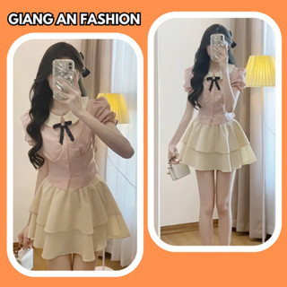 Set Đồ Nữ - Set Váy Áo Sơ Mi Hồng Chiết Eo Kèm Chân Váy 2 Tầng Tiểu Thư Đính Nơ Cài Rời Dịu Dàng Nữ Tính