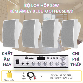 Bộ 4 loa hộp 20W kèm âm ly bluetooth/USB cho quán cafe, nhà hàng, spa, shop thời trang, siêu thị