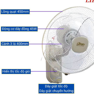 Quạt treo tường 2 dây Lifan T-162H động cơ dây đồng 45W sải cánh 400 mm hoạt động êm