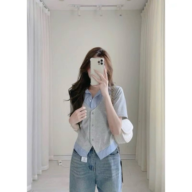 Áo thun phối cổ sơmi vạt xẻ tay ngắn bigsize 45-85kg (577) chất liệu thun tăm lạnh kiểu dáng thanh l