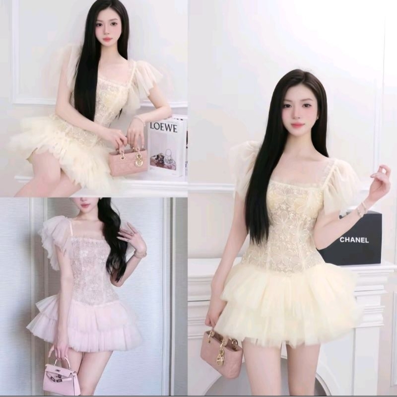  VÁY REN HOA TIỂU THƯ TAY CÁNH TIÊN PHỐI TÙNG LƯỚI 2 TẦNG SẾP LI SIÊU XINH,VÁY BÁNH BÈO  mặc đc2 kểu kèm quần bảo hộ rời  