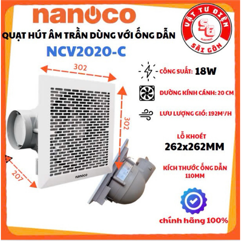 Nanoco - Quạt hút âm trần dùng ống dẫn NCV1520-C 16W, NCV2020-C 18W, NANOCO