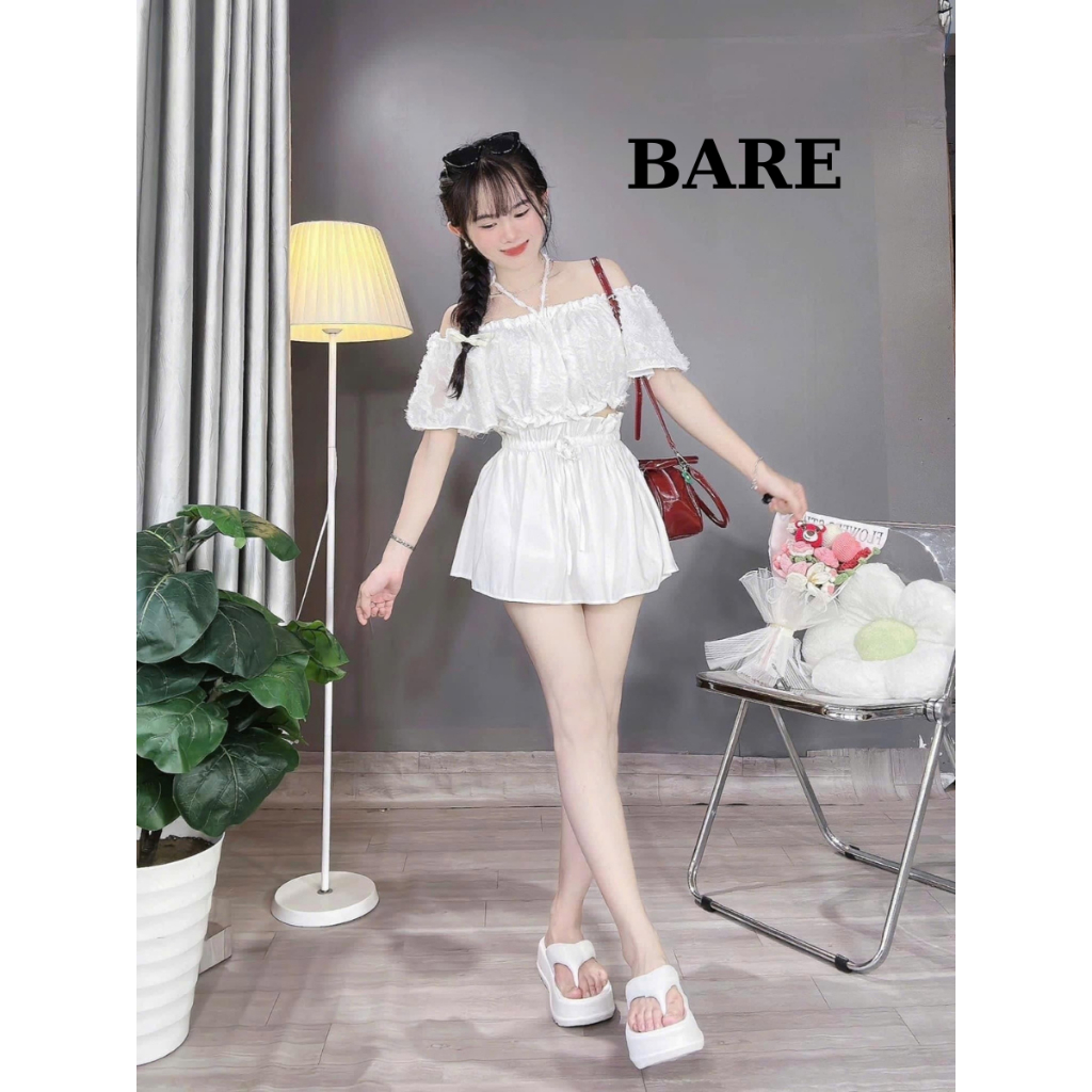 BARE_Set Đồ Nữ, Set Đi Biển Áo Trễ Vai Ren Bông Tay Ngắn Bồng Mix Chân Váy Có Lót Quần_Set012 | BigBuy360 - bigbuy360.vn