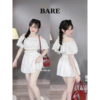 BARE_Set Đồ Nữ, Set Đi Biển Áo Trễ Vai Ren Bông Tay Ngắn Bồng Mix Chân Váy Có Lót Quần_Set012