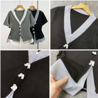  Áo Thun Kiểu Tay Ngắn Bigsize Nữ Viền Trắng Tà Nhọn Đính Nơ Xinh Co Giãn Vải Mềm Năng Động A271 