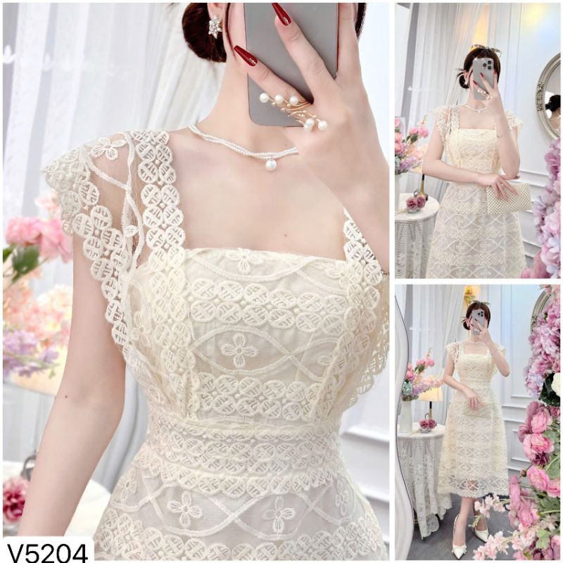 V5204 Váy Thiết Kế Ren Hoạ Tiết Cổ Vuông Sáng Chảnh, Váy Nữ Đi Tiệc - ẢNH THẬT -Chính Hãng