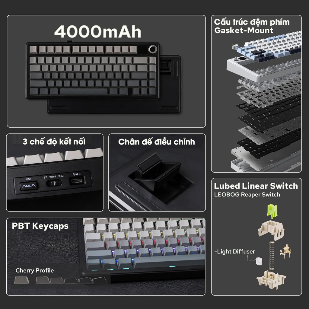 Bàn Phím Cơ Không Dây AULA F75 MAX Có Màn Hình LCD Hỗ Trợ Hotswap LED RGB 3 Mode Kết Nối Chính Hãng | BigBuy360 - bigbuy360.vn