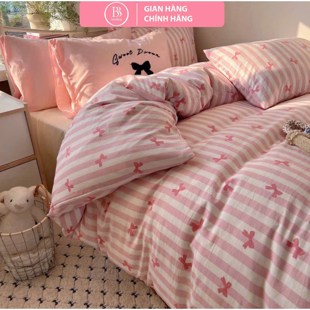 Set Vỏ Chăn Kèm Ga Trải,Tặng Kèm 2 Vỏ Gối Đầu, Họa Tiết Kẻ CaRo Nơ Xinh Yêu,Chất Đũi Mềm BB Bedding
