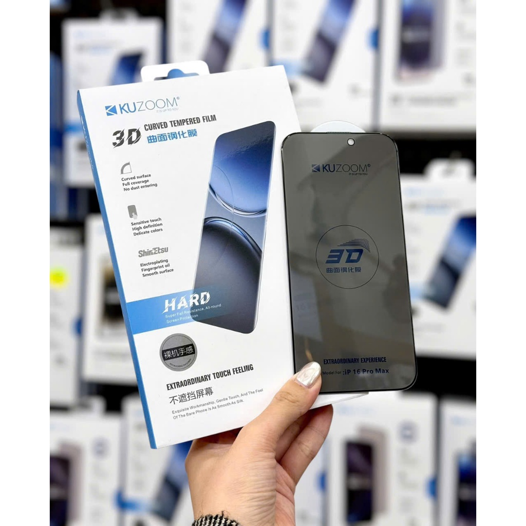iPhone 16,15,14-Kính cường lực Kuzoom 3D chống nhìn trộm - mép cong 3D xịn che phủ hoàn hảo - KO LẸM