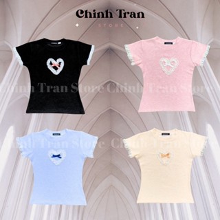 Áo Thun Nữ Form Ôm Phối Ren Trái Tim Coquette Dễ Thương 4 màu xanh đen vani hồng - Lâm Tú