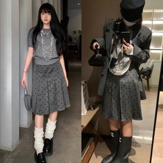   SẴN  Chân váy xếp ly dài qua gối màu ghi hoạ tiết chấm bi CVXL008 - Tiktik 