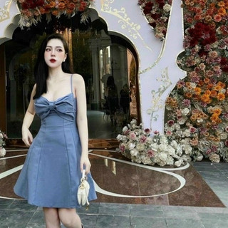 Đầm thời trang nữ mặc đi chơi chất tapta có mút 2 dây nơ ngực