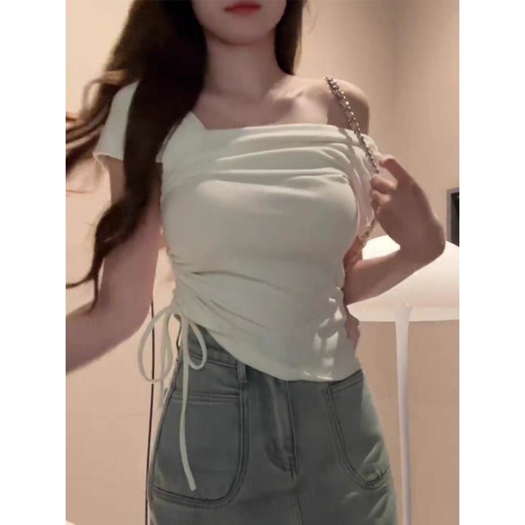 [CÓ SIZE] Áo Trễ Vai Croptop RANSHI Phối Dây Rút Eo Ôm Body Cho Nữ Chất Tăm Thái Bền Mát Áo Lệch Vai-173 | BigBuy360 - bigbuy360.vn