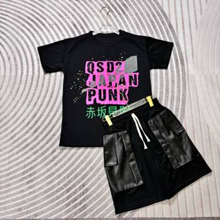 Bộ cộc đen chữ hồng kèm quần sooc vá da chất thun lạnh1 dành cho nam nữ from unisex