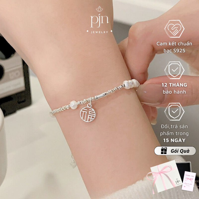 Lắc Tay Nữ Bạc 925 PJN Vòng Tay Hạt Bạc Vụn Mix Trái Tim Kim Tiền Mang Đến Sự May Mắn Và Tiền Bạc VT02