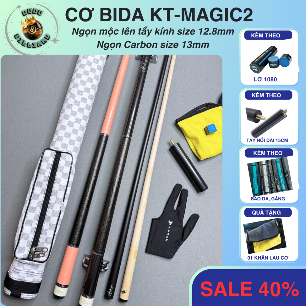 Cơ bida cao cấp KT Magic 2 ngọn mộc và Carbon (tặng kèm combo bao da phụ kiện và chuôi nối dài ).
