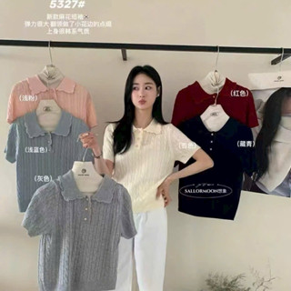 Áo polo len phối cổ ren khuy cài hoạ tiết vặn thừng tay cộc tiểu thư hàng quảng châu A515