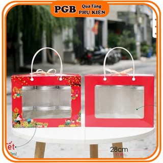    LẺ Giá Tốt   Q8 Hộp Đựng Quà Tết 2025 Hộp giấy Ô cửa Mika trong suốt đựng 3 hũ 1 lít ,hũ nhựa nắp nhôm phiên bản Tết 