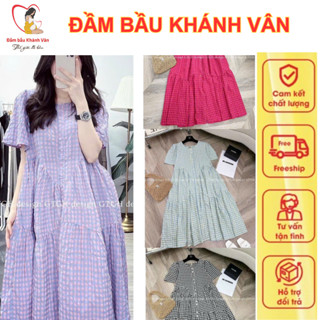 Váy bầu, đầm bầu cộc tay mùa hè thiết kế (cổ tròn)caro sang chảnh dáng babydoll dài qua gối M05