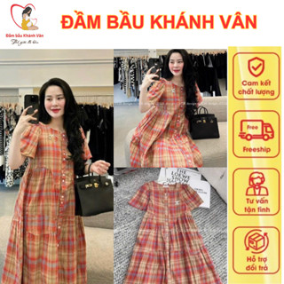 Váy bầu, đầm bầu cộc tay công sở sang chảnh kẻ cam V26