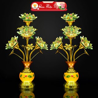 [Giá 1 Cặp] Đèn Bàn Thờ Bình Hoa Sen Pha Lê 5 Bông CHÂN THIỆN MỸ, Vật Phẩm Trang Trí Bàn Thờ Cao Cấp