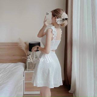 *Đầm nữ thời trang mặc đi chơi chất xốp nhật hai dây kiểu nơ ngực váy xoè phong cách Hàn Quốc