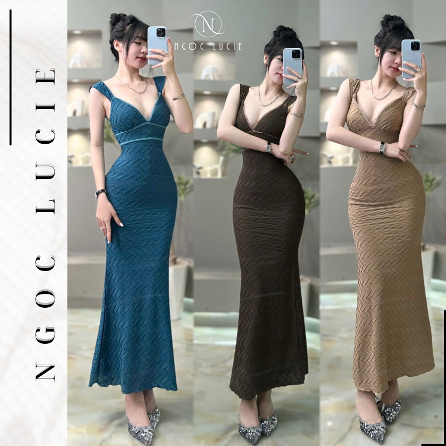 D999 - Đầm Body Nữ Thiết Kế Cánh Tiên Đuôi Cá Ren V1 Vải Vân Sóng Nổi - Ngọc Lucie