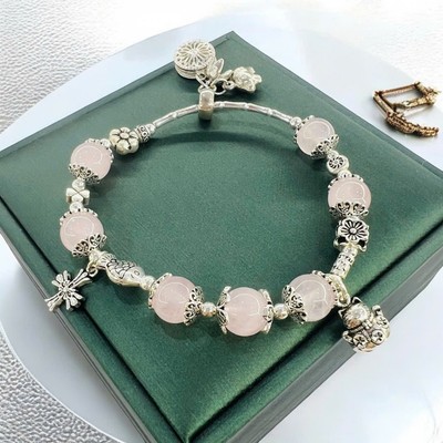 Vòng Tay Thạch Anh Hồng Mix Charm Bạc Thái Lắc Tay Phong Thủy - Ngọc Trai Trường Thịnh