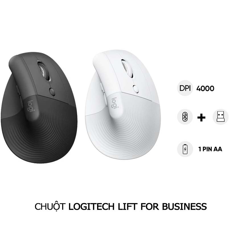 Chuột Logitech Lift Vertical for Business, chuột công thái học, kết nối bằng receiver và bluetooth