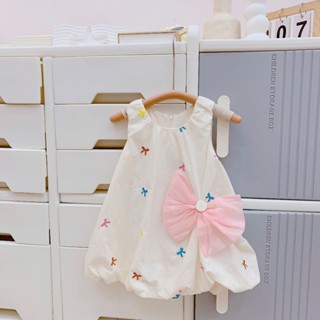 Quần áo trẻ em, Váy hè bé gái cao cấp, vải thô mềm thêu nơ mix nơ hồng V539 | Tiểu Yến KID