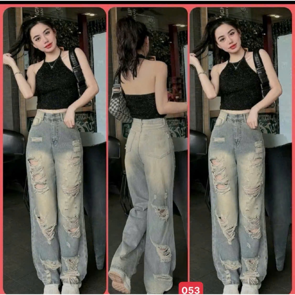 Quần beggy màu xanh kiểu rách trước sau ống rộng lưng cao trẻ trung cá tính solo-store-BG053