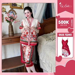 Bộ ngủ nữ cổ Y lửng chất liệu lụa latin thoáng mát thấm hút mồ hôi tốt, mềm mại S1235 họa tiết