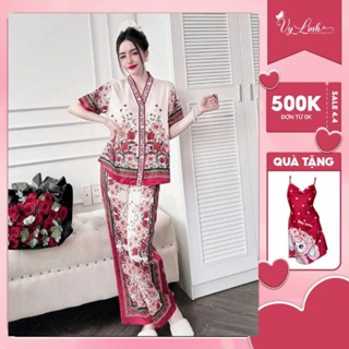 Bộ nữ quần dài Vy Linh chất liệu lụa latin cổ Y thoáng mát thấm hút mồ hôi tốt, bề mặt vải mịn S1080 new