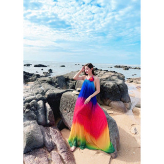   miễn phí chỉnh váy  đầm maxi yếm màu loang ombre hở lưng đi biển du lịch chụp hình sống ảo đà lạt đồi cát sa mạc 