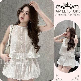 set đồ nữ, đồ bộ nữ áo ren trắng phối chân váy bí ngô màu trắng kem siêu xinh phong cách bánh bèo AMEE hcom25705