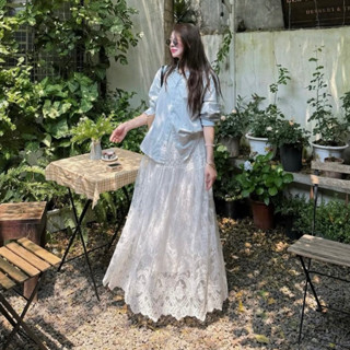 (HÀNG QC L1) Chân váy ren hoa Hàn Quốc bản lót dài dáng maxi 95cm ren vạt nhọn tiểu thư