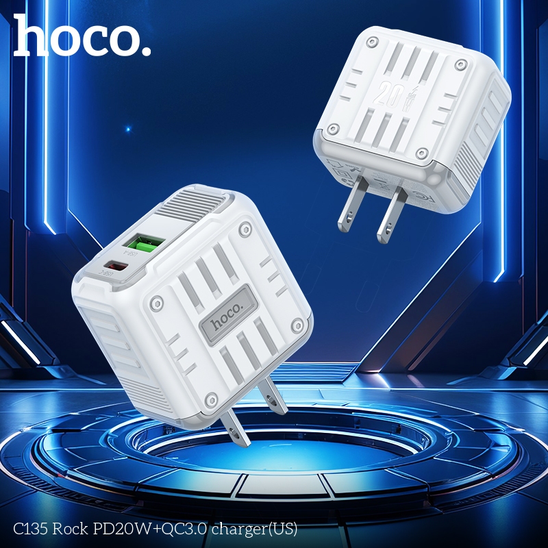 Củ sạc Hoco C135 sạc nhanh PD20W+QC3.0, cổng sạc gồm 1 cổng Type-C+ 1 USB, chân cắm dẹp