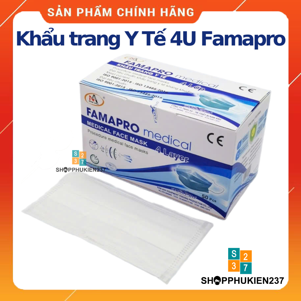 Hộp 50 Cái Khẩu trang y tế Famapro 4 lớp giấy kháng khuẩn hàng chính hãng công ty