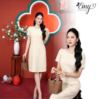 Đầm Thiết Kế EMY Thời Trang Cao Cấp Trung Niên EM7434 Đầm Suông Cổ Tròn, Kết Hạt Sang Chảnh Đi Tiệc